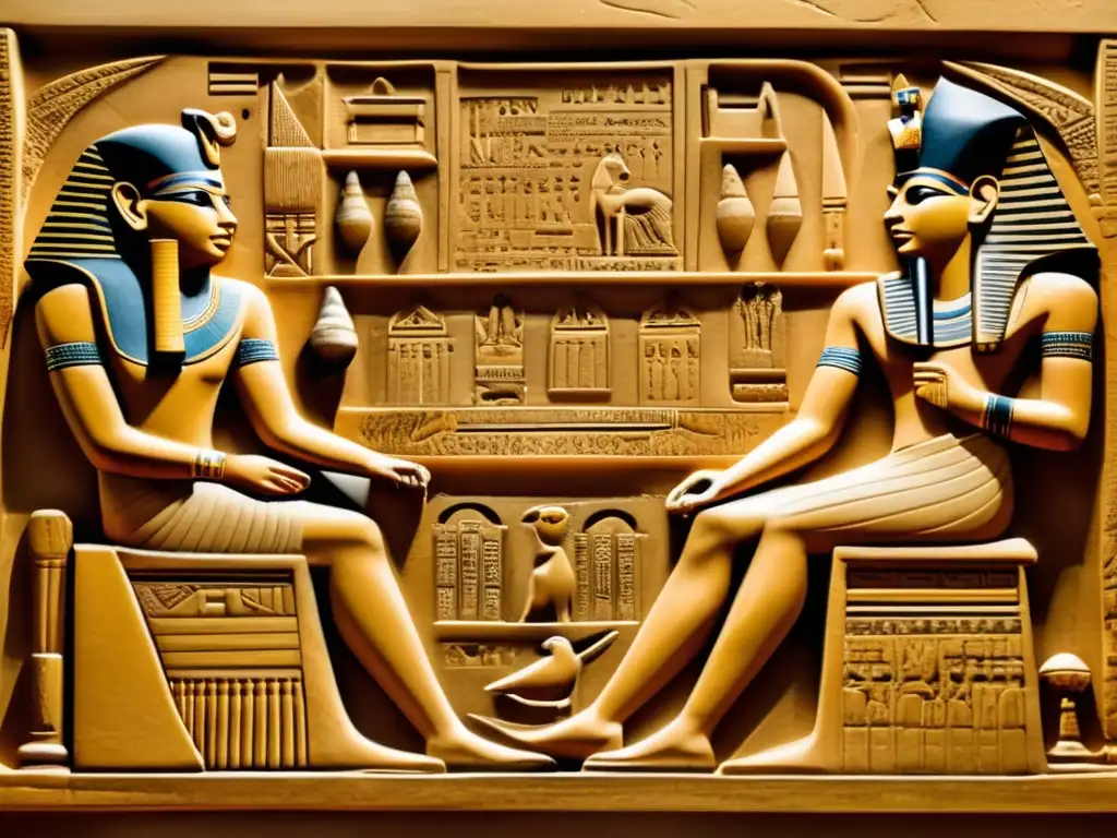 Una impresionante imagen detallada de un antiguo relieve egipcio, que muestra al faraón Khafre sentado majestuosamente en su trono
