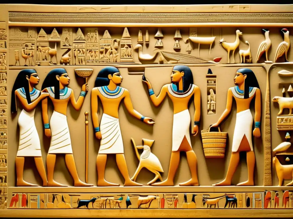 Una impresionante imagen detallada de un bajorrelieve egipcio antiguo que muestra escenas de la vida cotidiana en Egipto