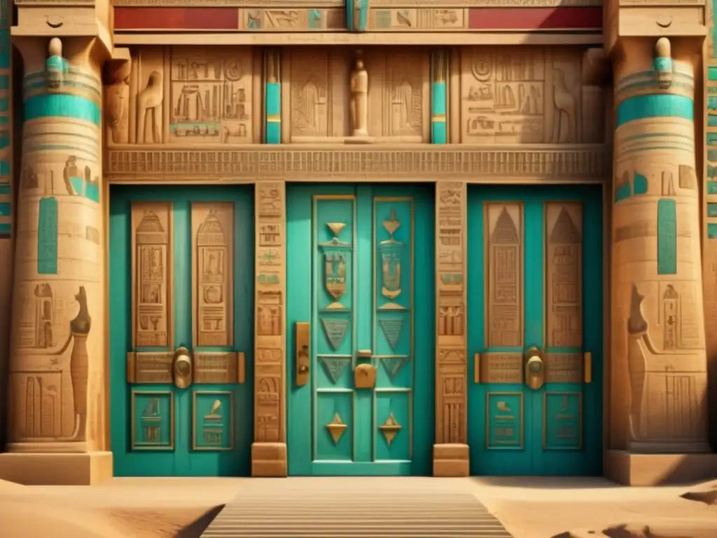Una impresionante imagen detallada de una entrada de un gran templo egipcio vintage, adornada con intrincadas jeroglíficos y esculturas