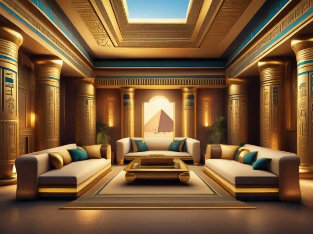Una impresionante imagen detallada del interior de una lujosa casa faraónica, revelando la opulencia y sofisticación del diseño egipcio antiguo