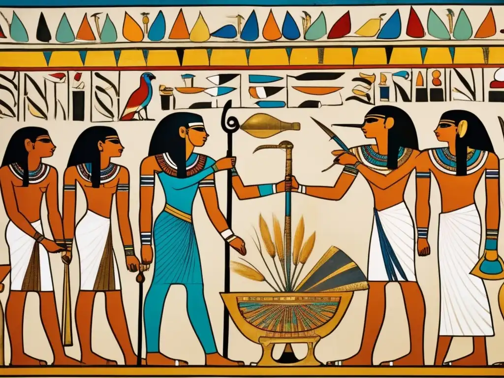 Una impresionante imagen detallada de un mural egipcio antiguo que muestra colores vivos y técnicas de pintura intrincadas