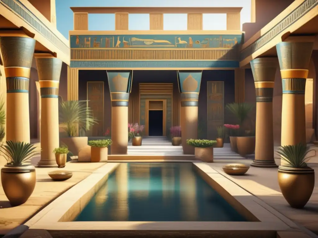 Una impresionante imagen detallada de un patio egipcio antiguo, mostrando la arquitectura civil tradicional en el Imperio Antiguo