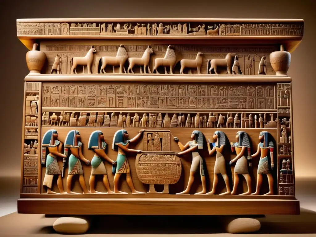 Una impresionante imagen detallada de un sarcófago de madera tallado intrincadamente de la antigua Egipto