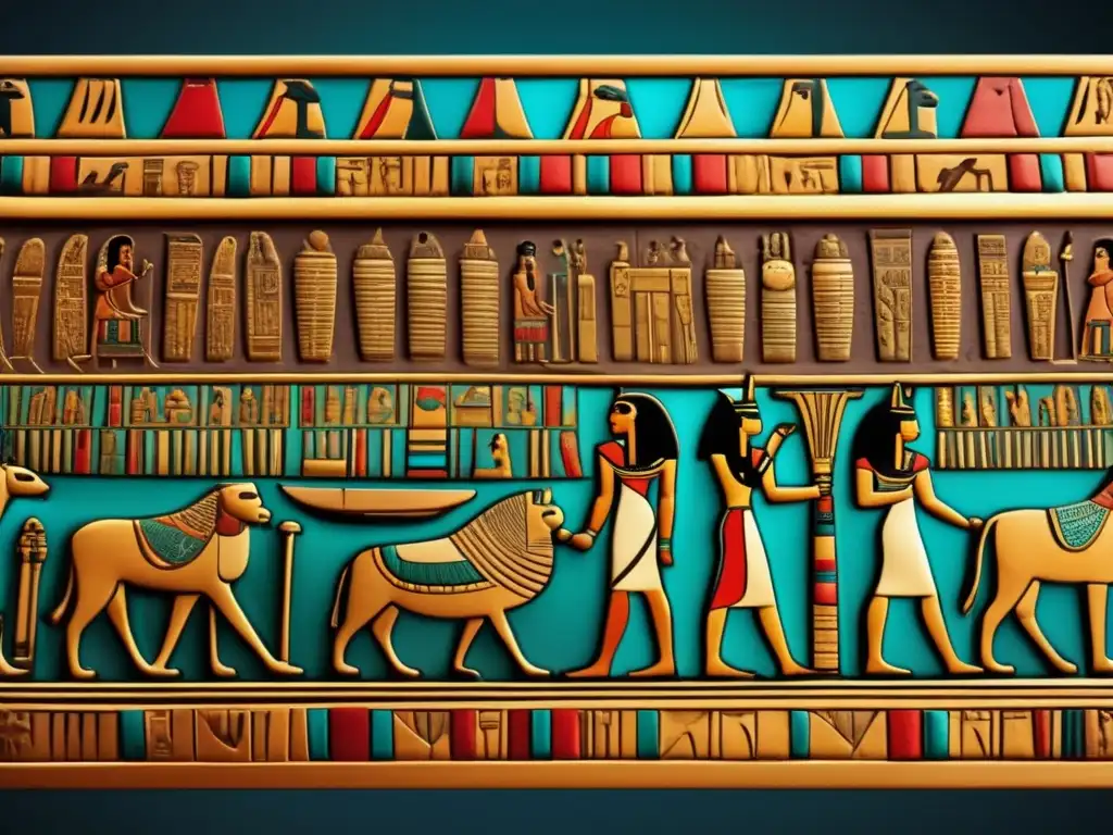 Una impresionante imagen detallada de un sarcófago egipcio antiguo, bellamente adornado con intrincados grabados y colores vibrantes