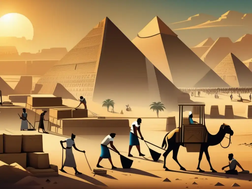 Una impresionante imagen estilo vintage muestra una bulliciosa escena de construcción en el antiguo Egipto