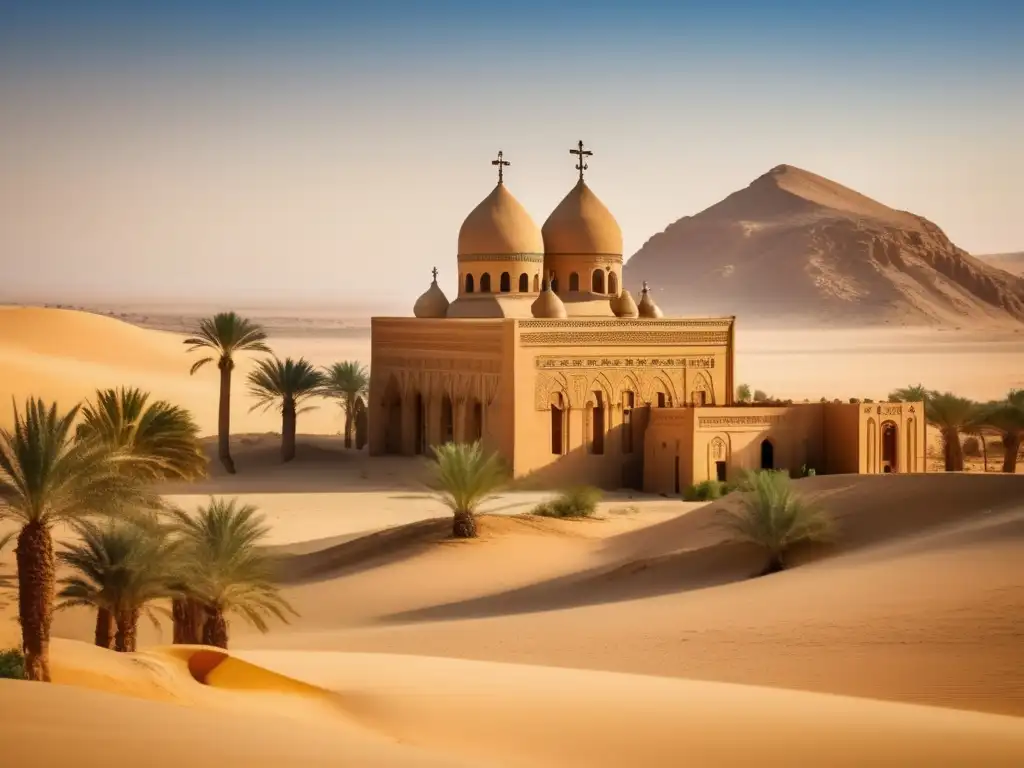 Un impresionante imagen de estilo vintage que muestra un sereno y apartado monasterio copto, ubicado en el pintoresco desierto egipcio