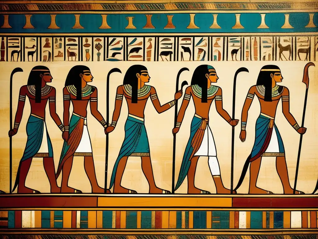 Una impresionante imagen estilo vintage que muestra un primer plano de un fresco egipcio pintado con intrincados detalles