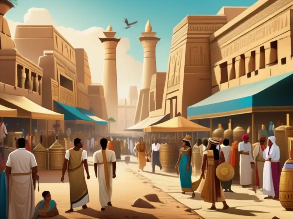 Una impresionante imagen al estilo vintage que retrata una bulliciosa escena en el antiguo Egipto