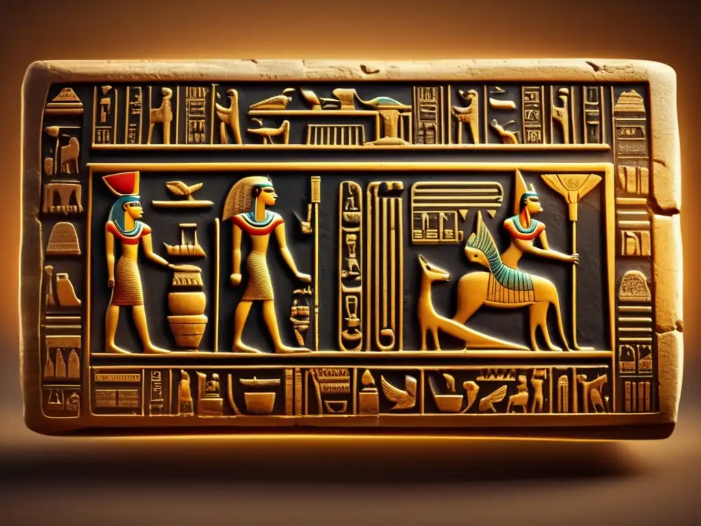 Una impresionante imagen en estilo vintage muestra una antigua tabla de jeroglíficos egipcios del período Amarna