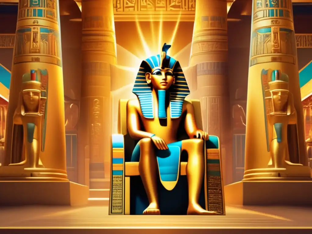 Un impresionante imagen de estilo vintage que muestra a un antiguo faraón egipcio sentado en un trono dorado dentro de un gran templo