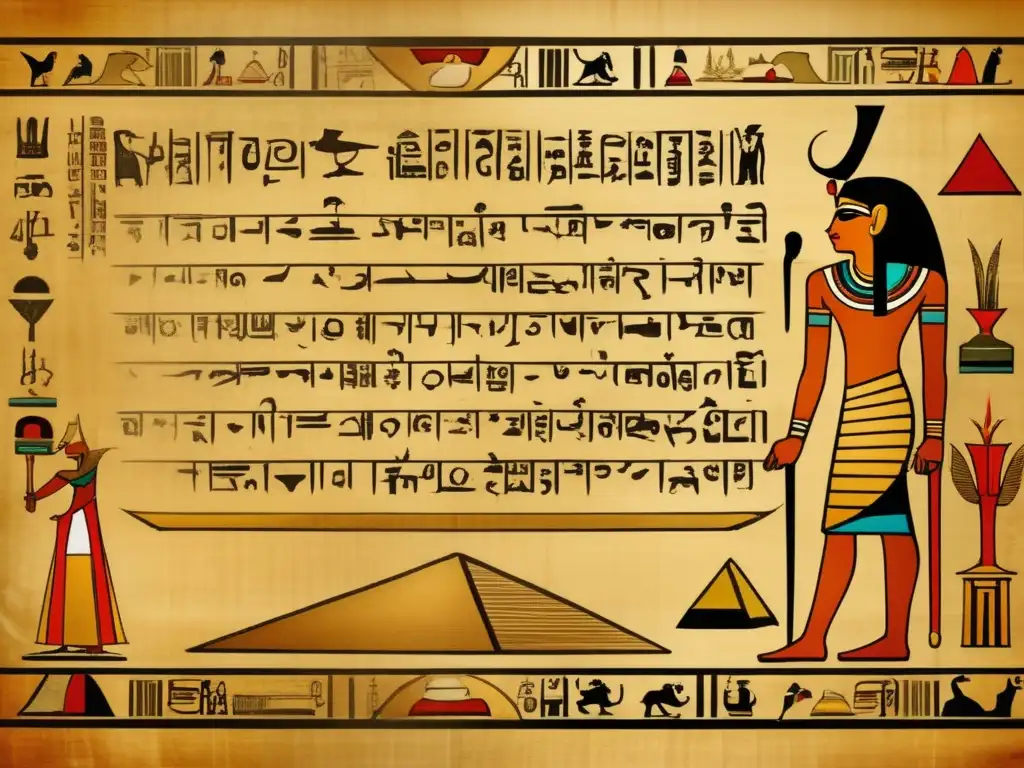 Una impresionante imagen de estilo vintage que muestra un pergamino de papiro bien conservado, adornado con intrincados jeroglíficos, exhibiendo la liturgia sagrada de los textos religiosos egipcios antiguos