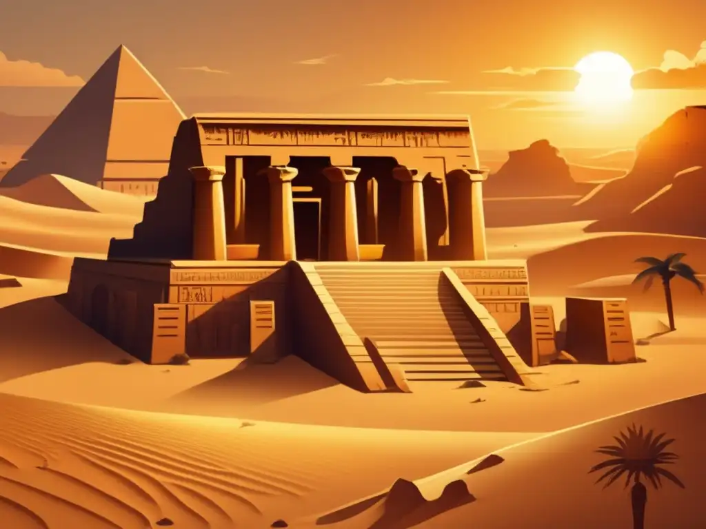 Una impresionante imagen estilo vintage muestra las ruinas de un antiguo templo egipcio del Segundo Periodo Intermedio de Egipto