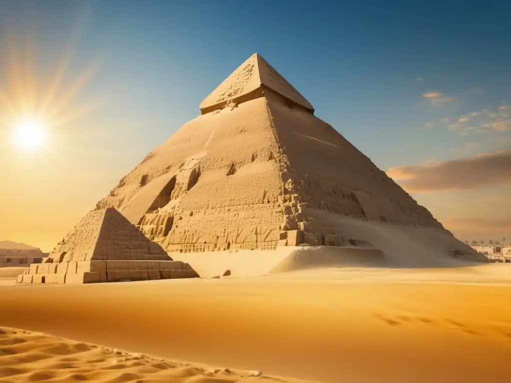 Una impresionante imagen estilo vintage de la Pirámide de Unas, resaltando su majestuosidad y rica historia