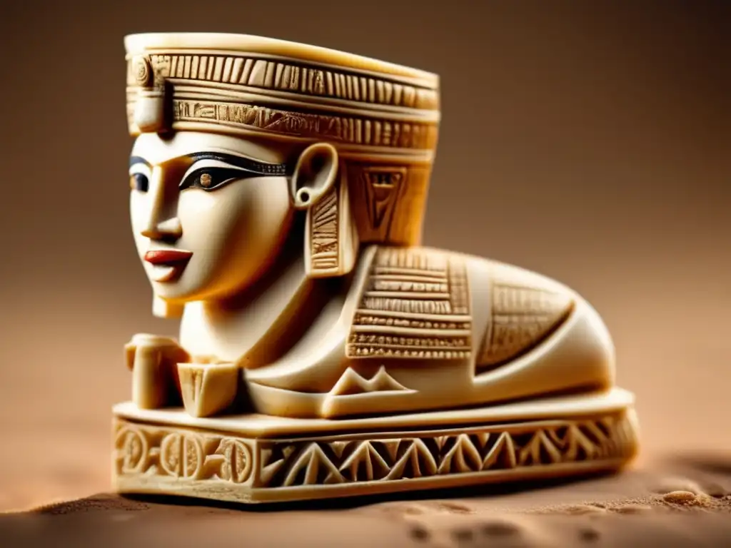 Una impresionante imagen en 8k de una figura tallada en marfil del periodo predinástico en Egipto, mostrando expresiones artísticas de la época