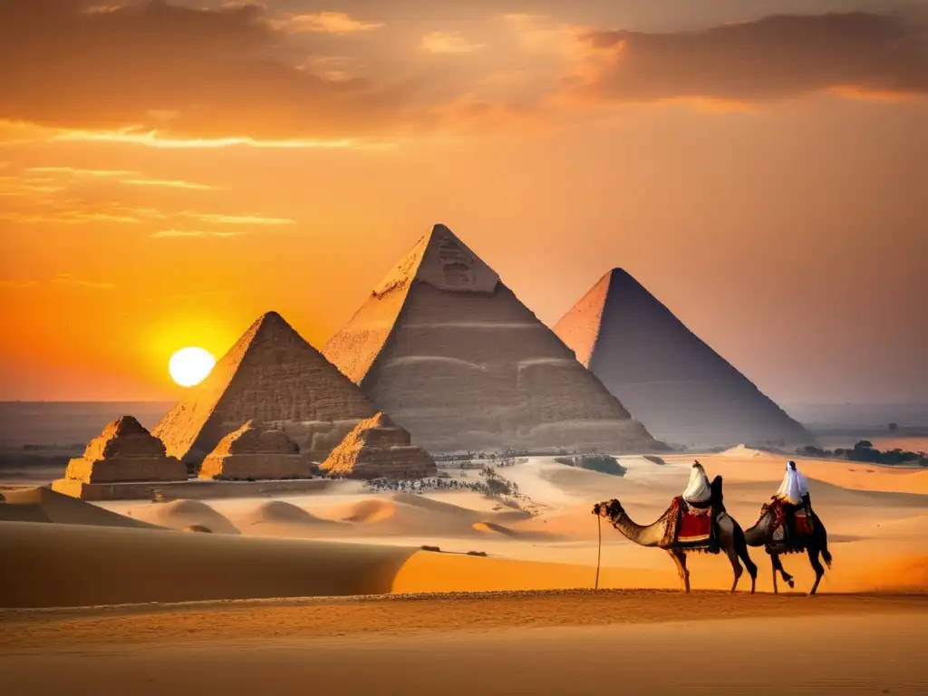 Impresionante imagen del icónico complejo de las pirámides de Giza al atardecer