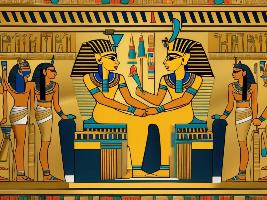 Una impresionante imagen en 8k muestra un mural egipcio vintage con el icónico faraón Tutankamón en su trono dorado