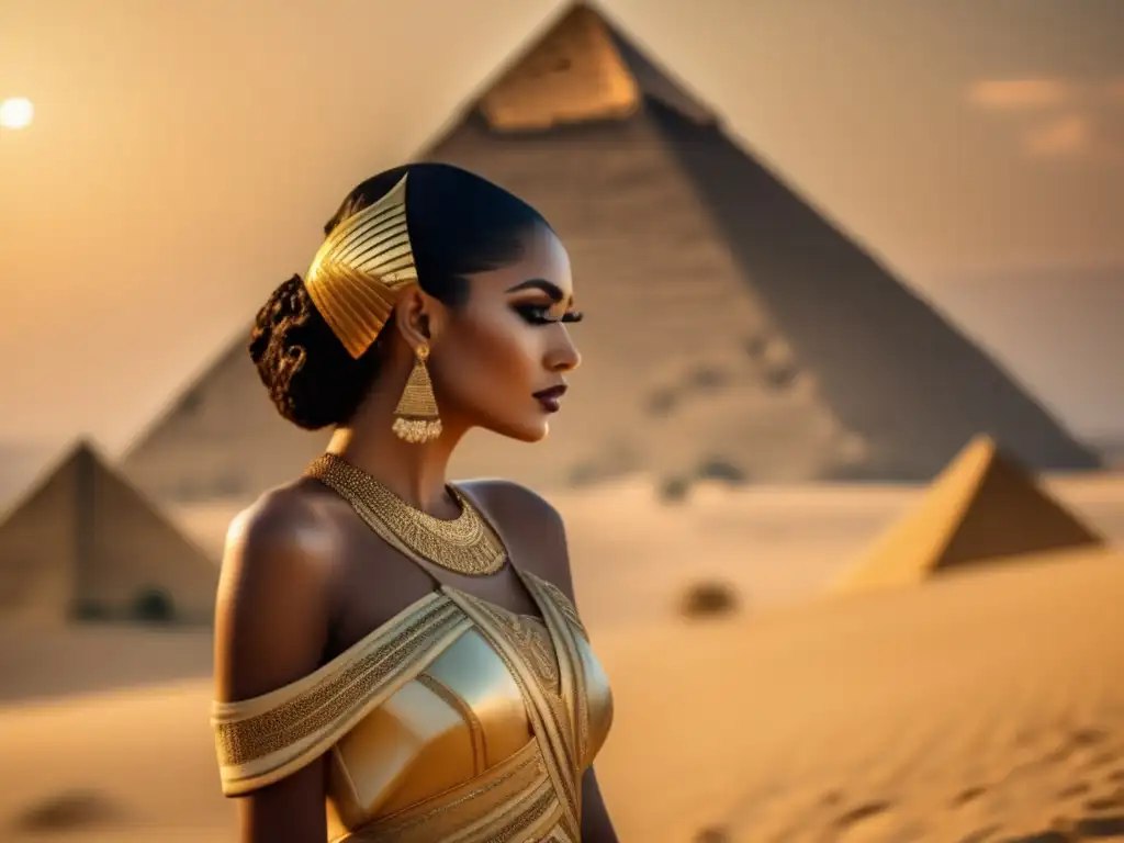 Una impresionante imagen en 8k que muestra una sesión de moda inspirada en el antiguo Egipto, con las majestuosas pirámides como telón de fondo