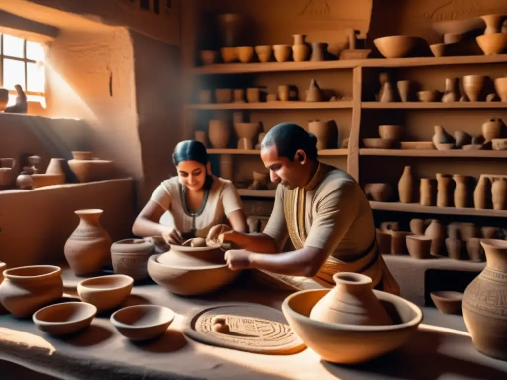 Una impresionante imagen de un taller de artesanía egipcia vintage, lleno de artesanos creando meticulosamente cerámica, joyería y esculturas