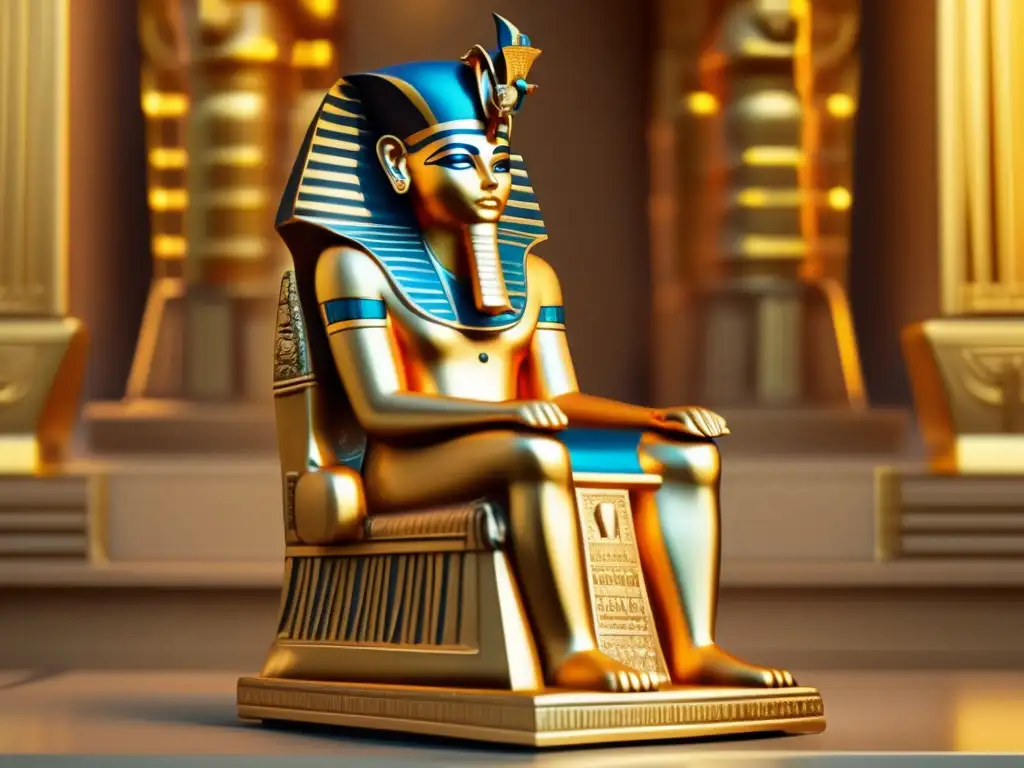 Una impresionante imagen ultradetallada en 8k de una escultura egipcia vintage, mostrando el exquisito uso de acentos dorados