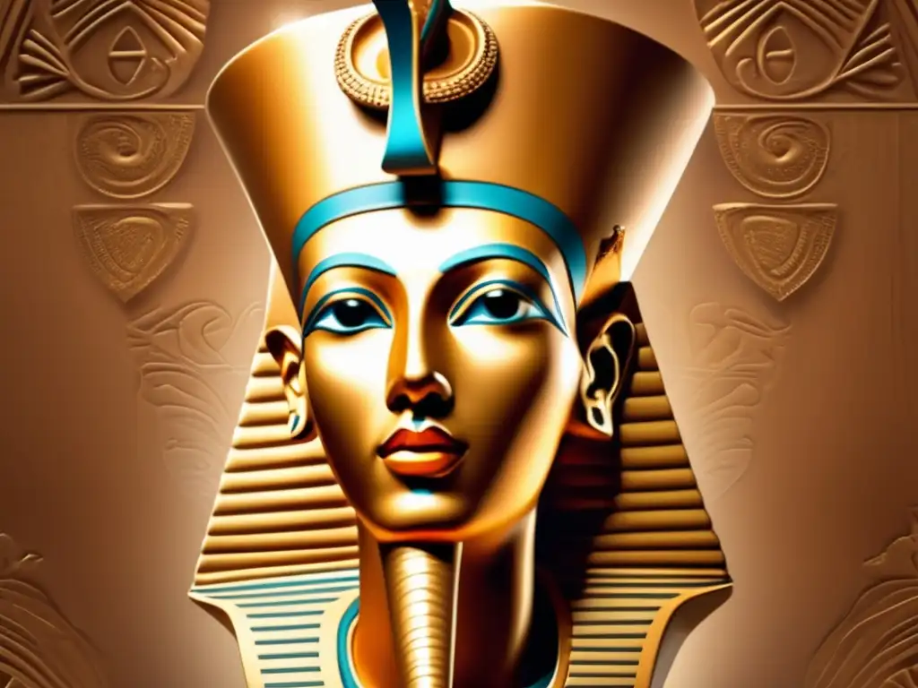 Una impresionante imagen ultradetallada en 8k del icónico busto de Akhenatón, el faraón de la Dinastía 18 del antiguo Egipto, se muestra sobre un fondo con inspiración vintage