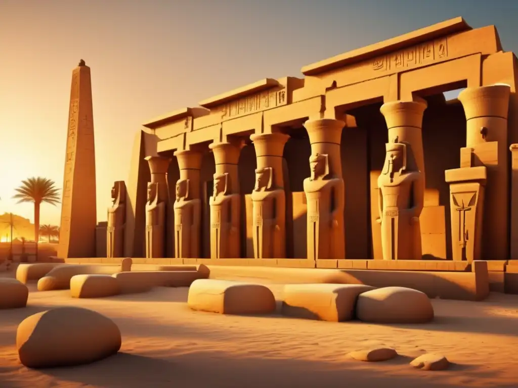 Una impresionante imagen 8k ultradetallada muestra el majestuoso Templo de Karnak bañado en los tonos dorados del atardecer