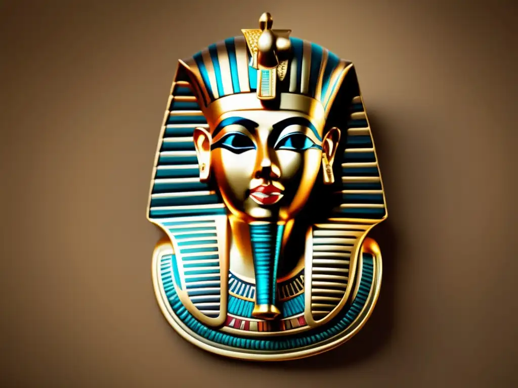 Una impresionante imagen ultradetallada en 8k muestra una máscara funeraria vintage egipcia, preservada de forma hermosa