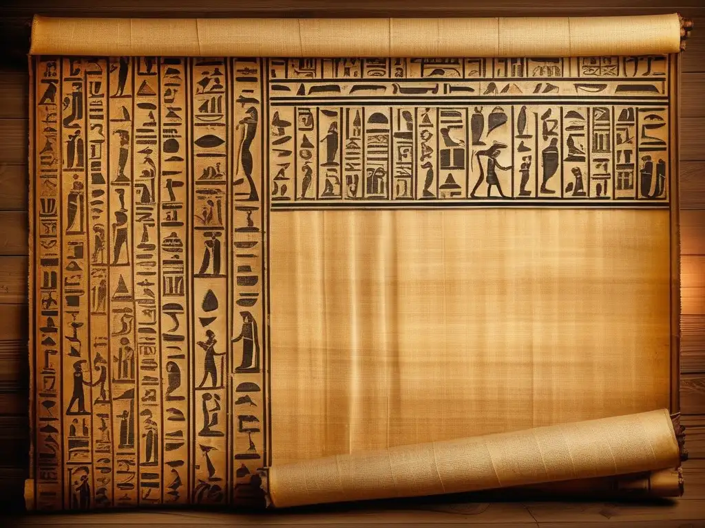 Una impresionante imagen vintage muestra un antiguo papiro egipcio desplegado con delicadeza sobre una mesa de madera envejecida