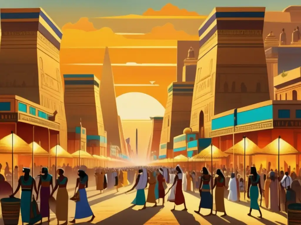 Una impresionante imagen vintage muestra las bulliciosas calles del antiguo Egipto, destacando la grandiosa infraestructura urbana de la época