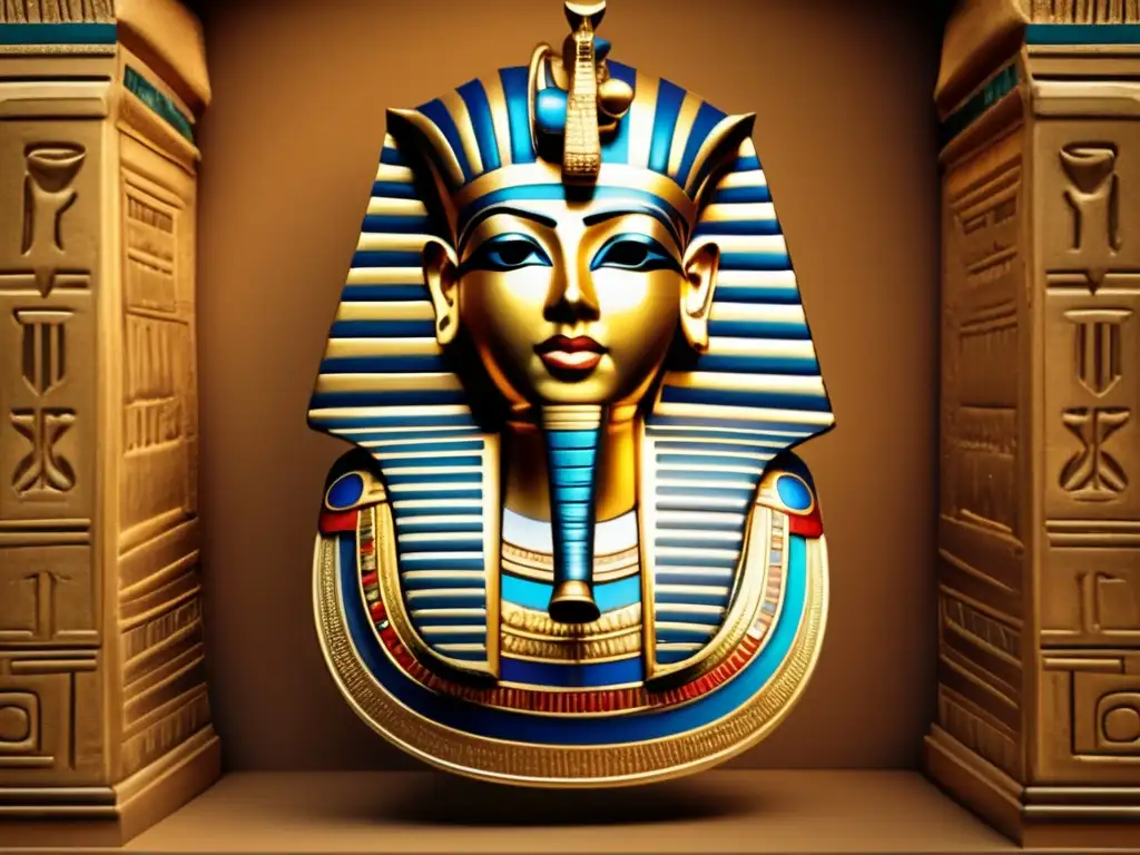 Una impresionante imagen vintage que muestra la icónica máscara dorada de Tutankamón en el centro