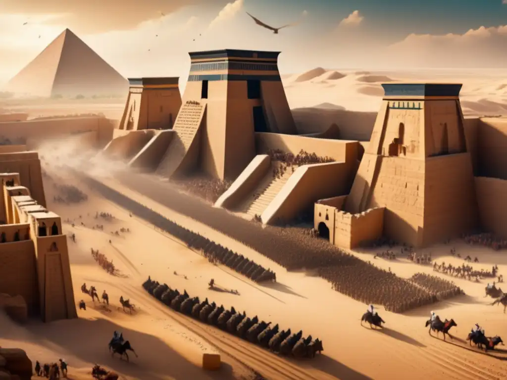 Una impresionante imagen vintage en 8k que muestra una dramática escena de un asedio en el antiguo Egipto