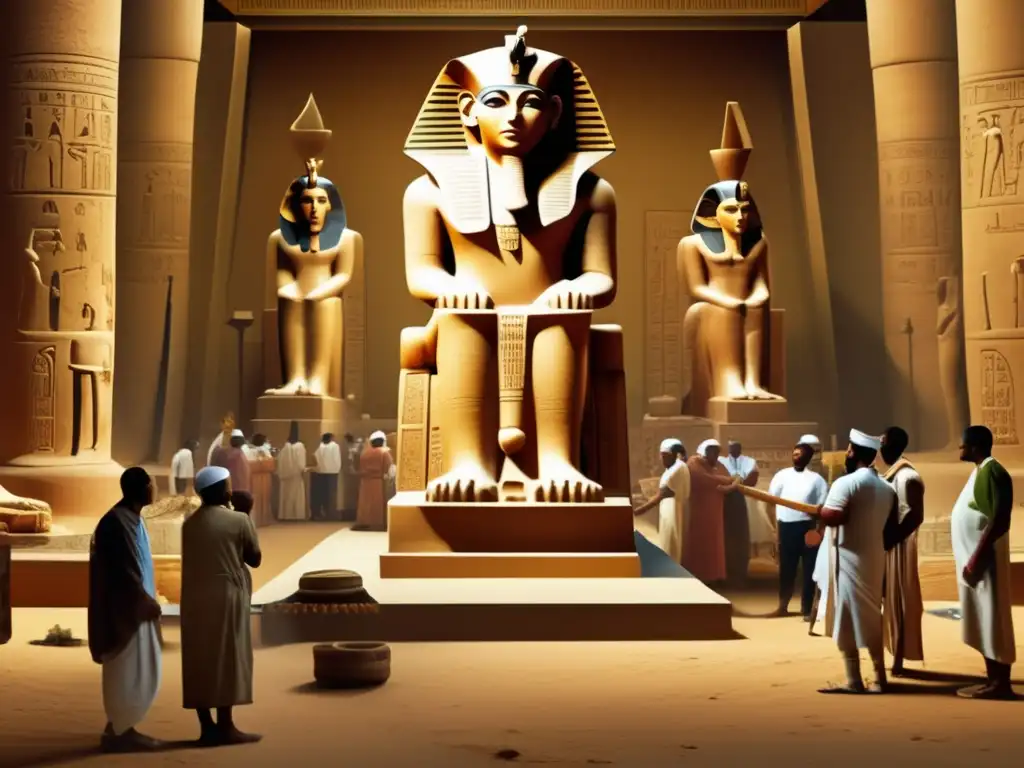 Un impresionante imagen vintage que muestra a habilidosos artesanos egipcios tallando meticulosamente una majestuosa estatua de un faraón