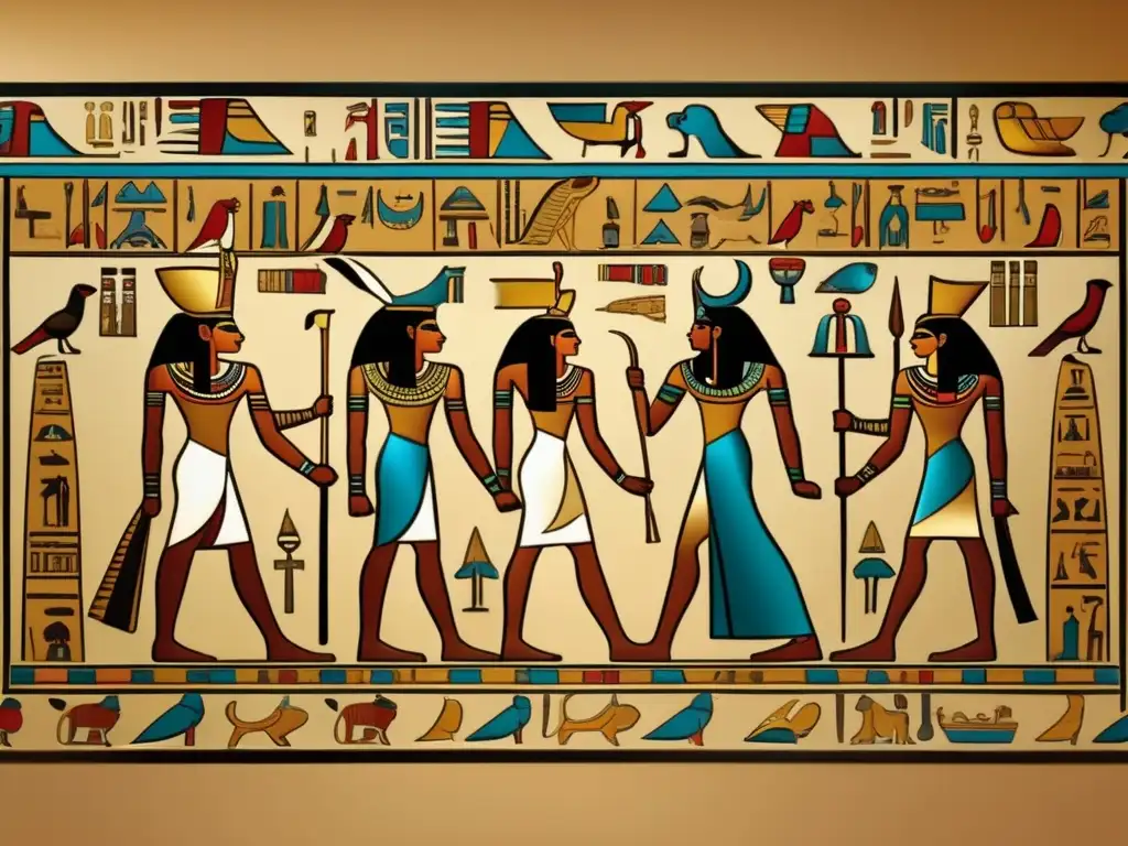 Una impresionante imagen vintage de un mural egipcio tallado con intrincados jeroglíficos