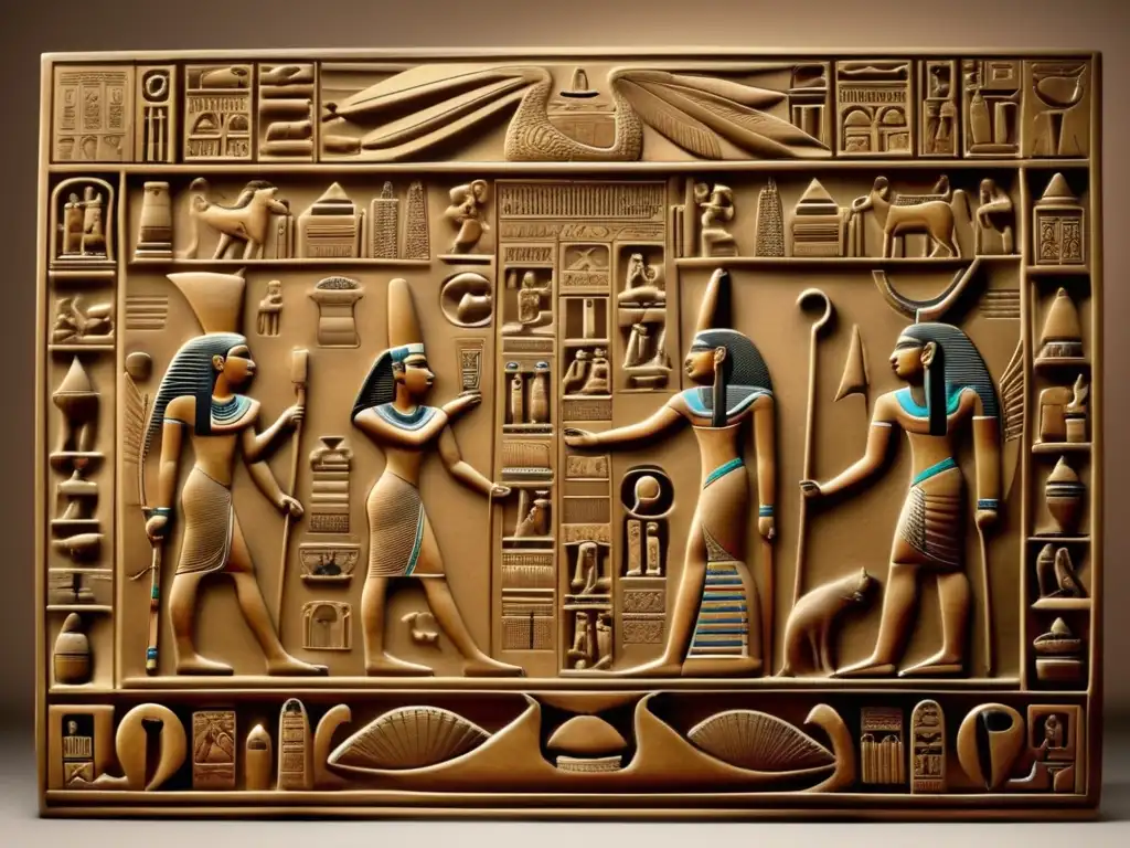 Una impresionante imagen vintage de un panel jeroglífico egipcio tallado con intrincados detalles