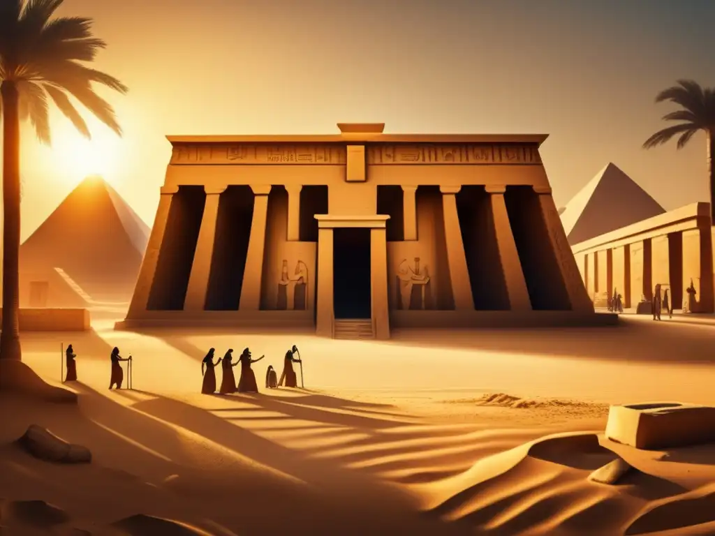 Una impresionante imagen vintage de un templo egipcio antiguo y en ruinas de la Dinastía IX en la historia de Egipto