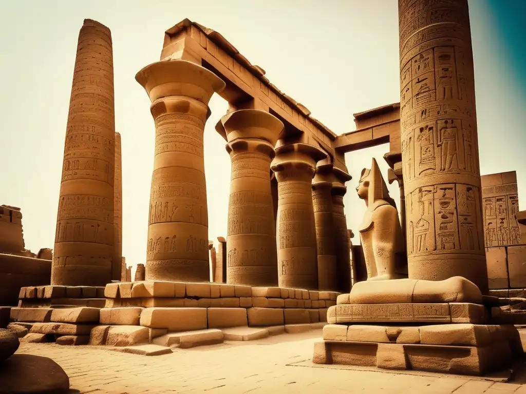 Una impresionante imagen vintage del Templo de Karnak en Luxor, Egipto, captura la esencia de la evolución de los templos egipcios durante el Imperio Nuevo