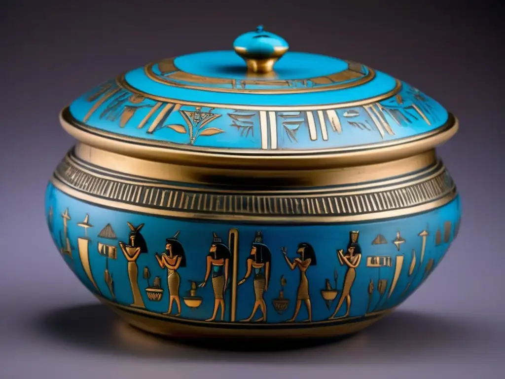 Una impresionante jarra de cosmética egipcia antigua, adornada con jeroglíficos e intrincados símbolos, captura la esencia de su simbolismo