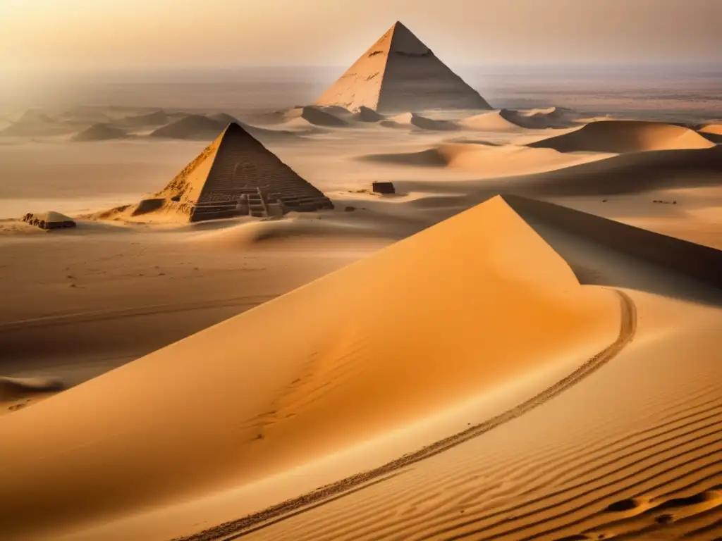 Un impresionante paisaje aéreo del vasto desierto egipcio, con dunas doradas que se extienden hasta donde alcanza la vista