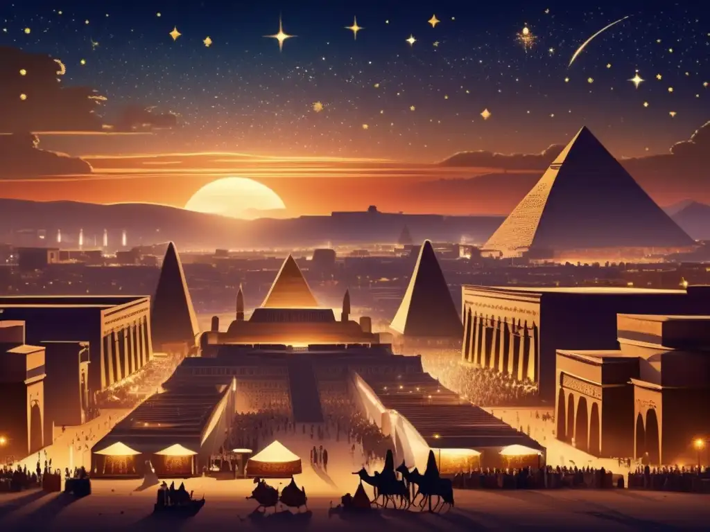 Un impresionante paisaje urbano egipcio antiguo al atardecer, con imponentes pirámides y templos tallados silueteados en el cielo oscurecido