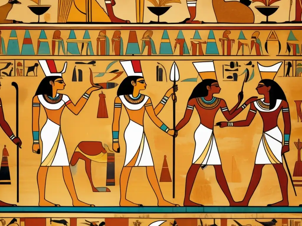 Una impresionante paleta cromática decoración Antiguo Egipto cobra vida en este mural egipcio antiguo