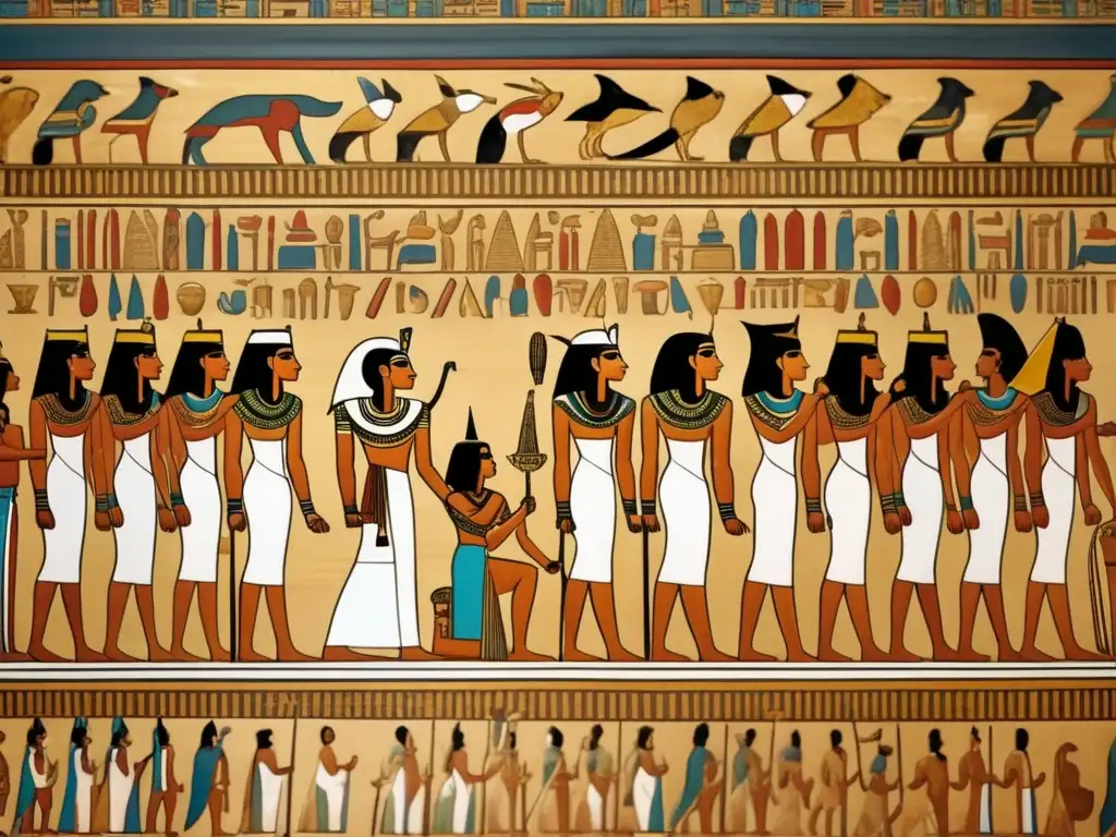 Una impresionante pintura en una tumba egipcia muestra el viaje eterno con jeroglíficos en Egipto, una escena fascinante y misteriosa
