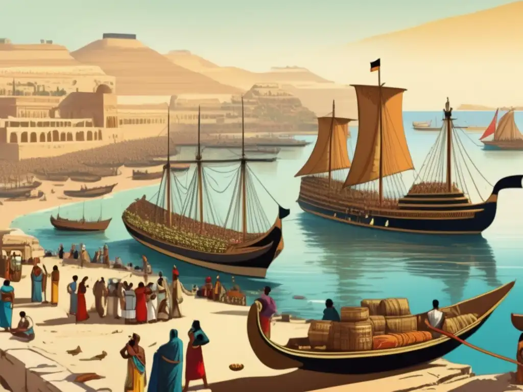 Un impresionante puerto antiguo en el Mediterráneo, escenario vibrante del comercio marítimo en el Antiguo Egipto