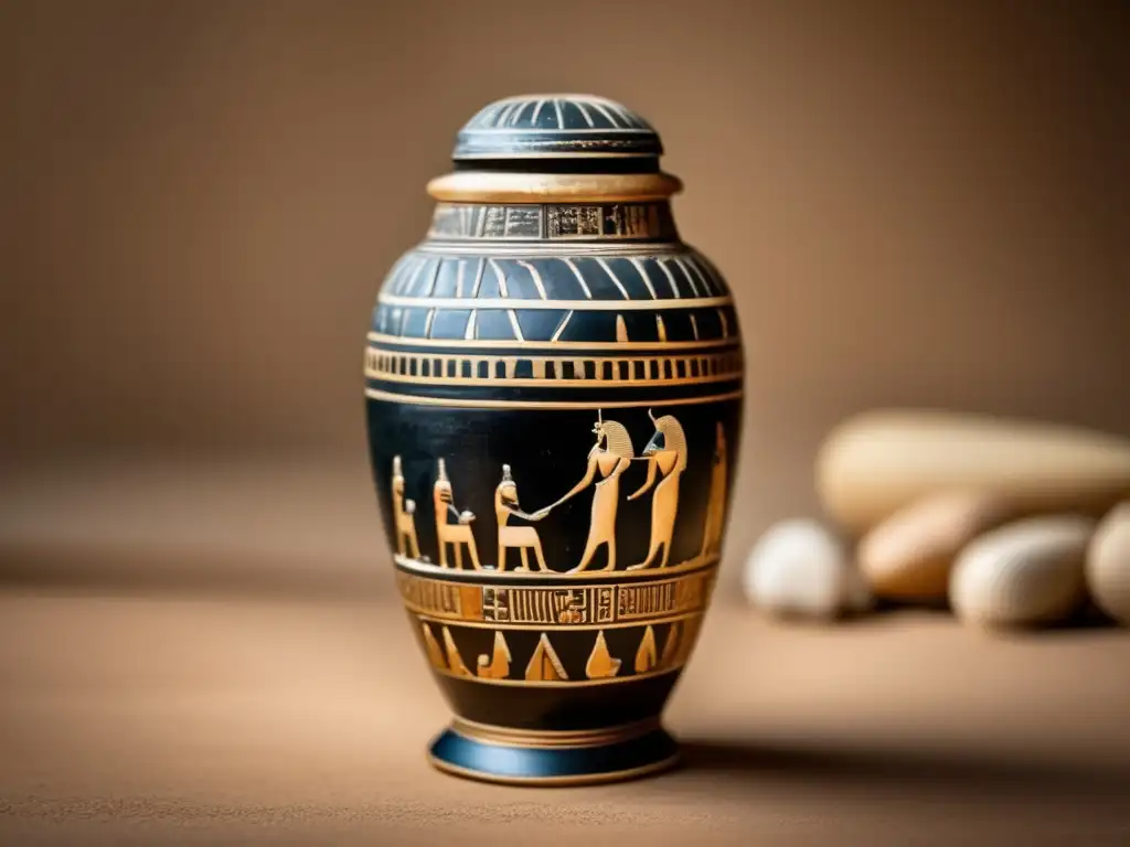 Un impresionante recipiente sagrado del Antiguo Egipto, decorado con cuidados jeroglíficos y artesanía exquisita
