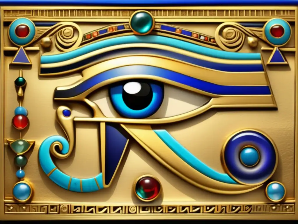 Una impresionante representación detallada de un antiguo artefacto egipcio que muestra el Ojo de Horus, bellamente conservado y exhibido en un museo