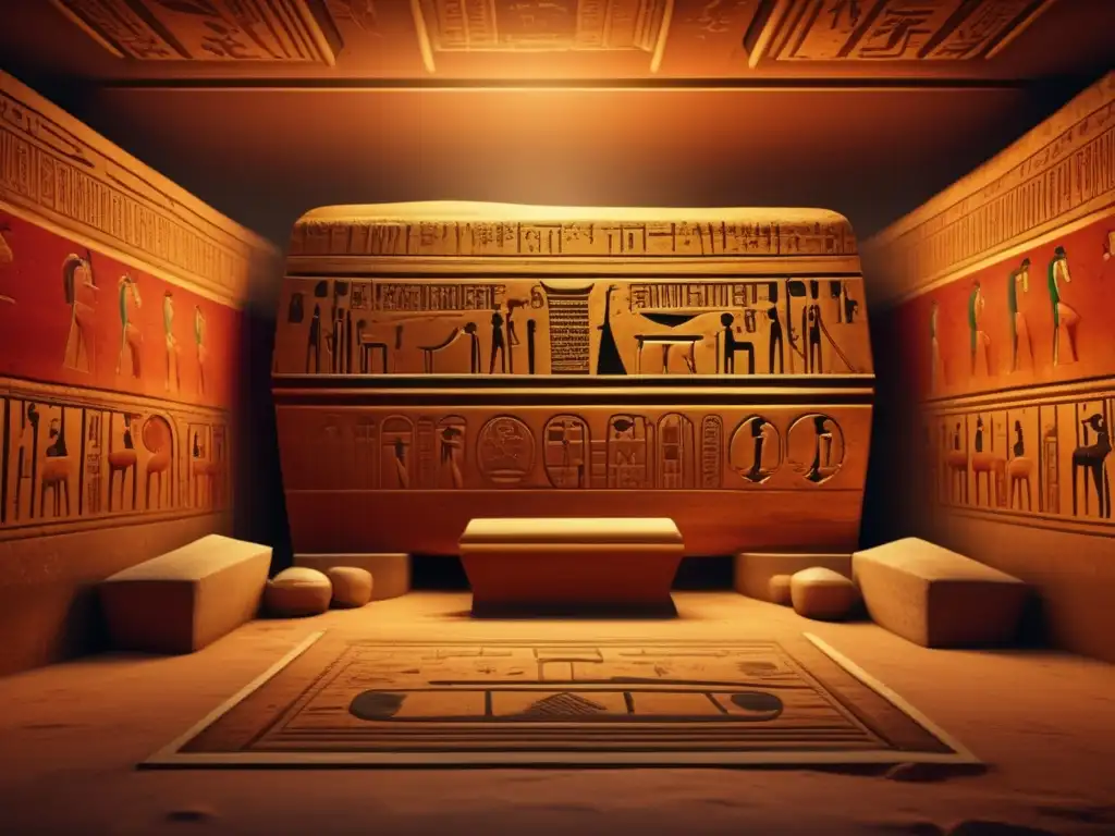 Un impresionante retrato en 8k de una cámara funeraria egipcia antigua, adornada con hermosos jeroglíficos y pinturas en tonos tierra