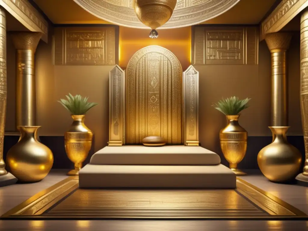 Un impresionante salón del trono egipcio, ricamente adornado con metales preciosos