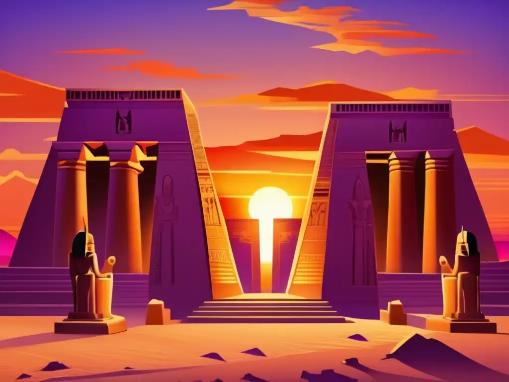 Un impresionante templo antiguo en Egipto al atardecer dorado, con arquitectura ornamental y estatuas de dioses y faraones