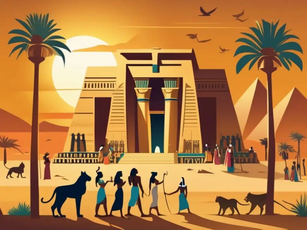 Una impresionante ilustración vintage muestra un templo egipcio adornado con jeroglíficos e estatuas de animales sagrados