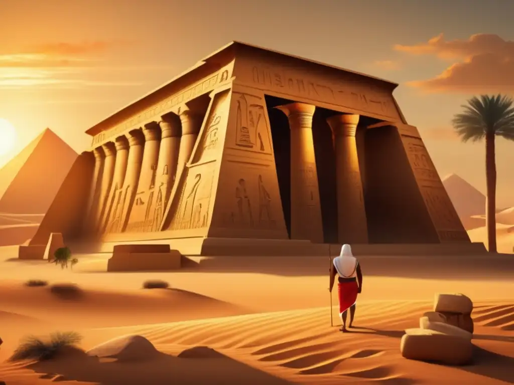 Un impresionante templo egipcio en un paisaje desértico pintoresco, con jeroglíficos y tallas ornamentadas