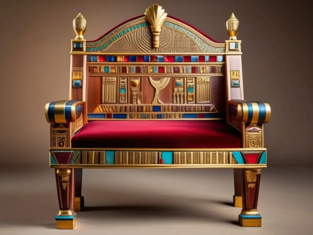 Un impresionante trono de madera tallada del Antiguo Egipto, con detalles en oro y piedras preciosas