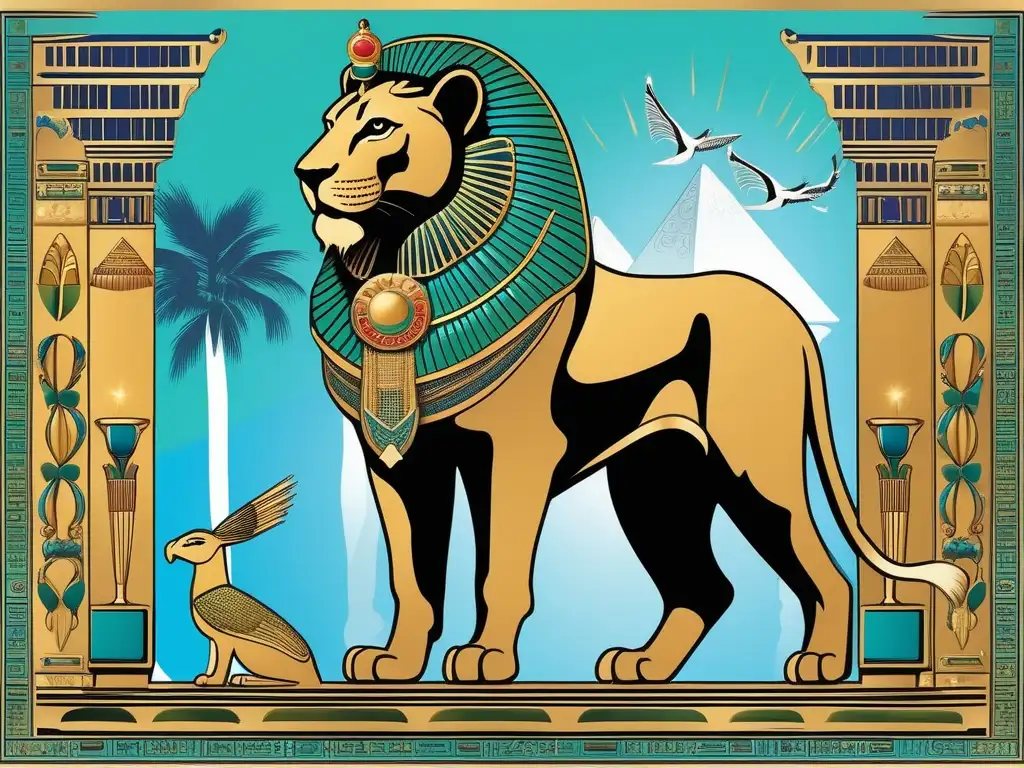 Increíble escena de un bestiario egipcio en estilo vintage, con un majestuoso león, un elegante ibis y una imponente esfinge